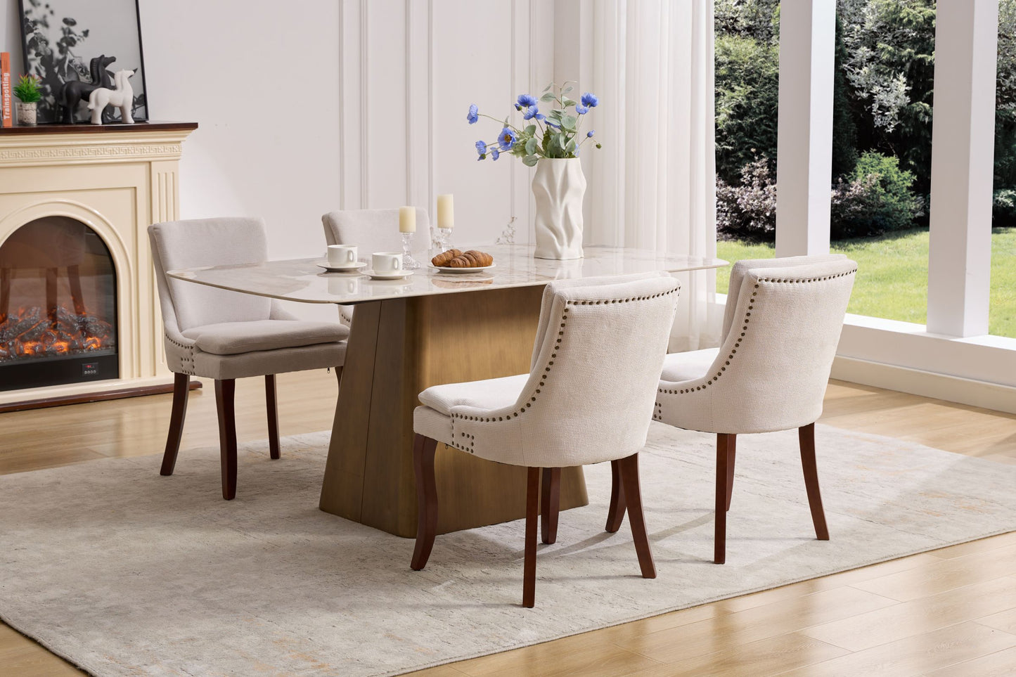 （预计12.29-1.5到货）Modern Dining Chairs Set of 2,Double-layer Cushioned Chenille fabric Upholstered Accent Side Leisure Chairs with Mid Back and Curved Solid Wood Legs for Living Room/Dining Room-Beige