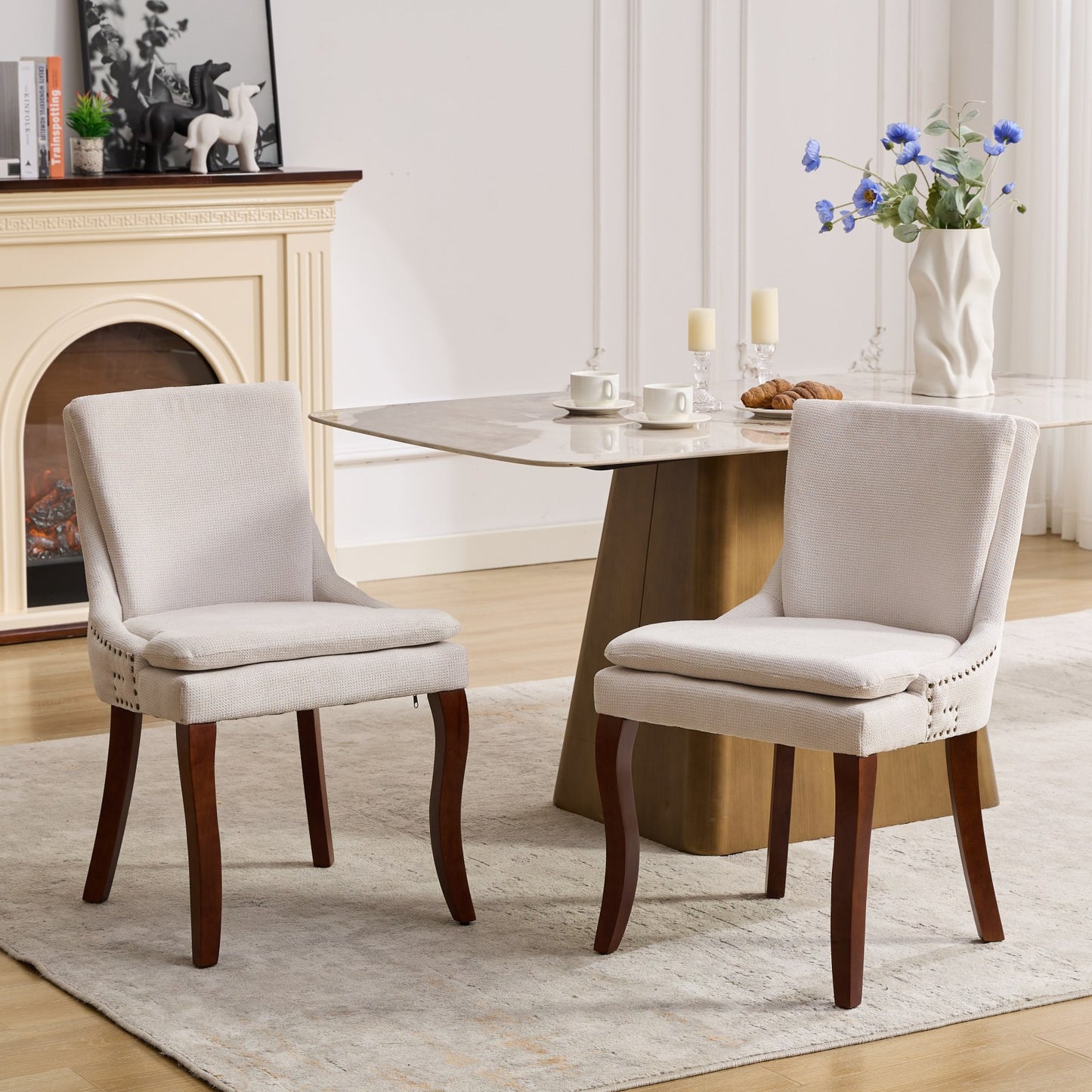 （预计12.29-1.5到货）Modern Dining Chairs Set of 2,Double-layer Cushioned Chenille fabric Upholstered Accent Side Leisure Chairs with Mid Back and Curved Solid Wood Legs for Living Room/Dining Room-Beige