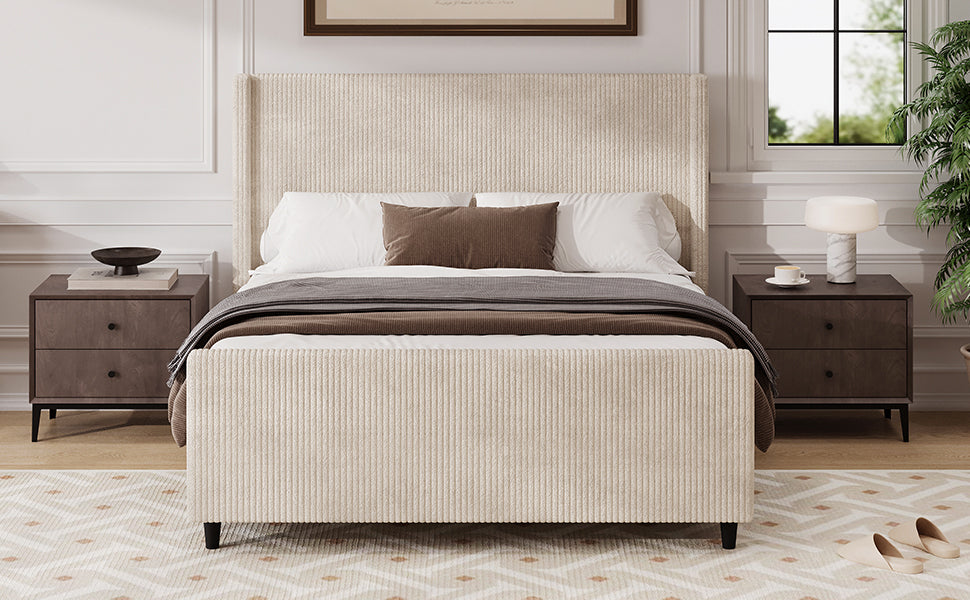 （9.17-9.24补货）50.7'' High Headboard Corduroy Upholstered Bed Frame with Vertical Stripe Wingback and High Footboard No Box Spring Needed, King Size, Cream