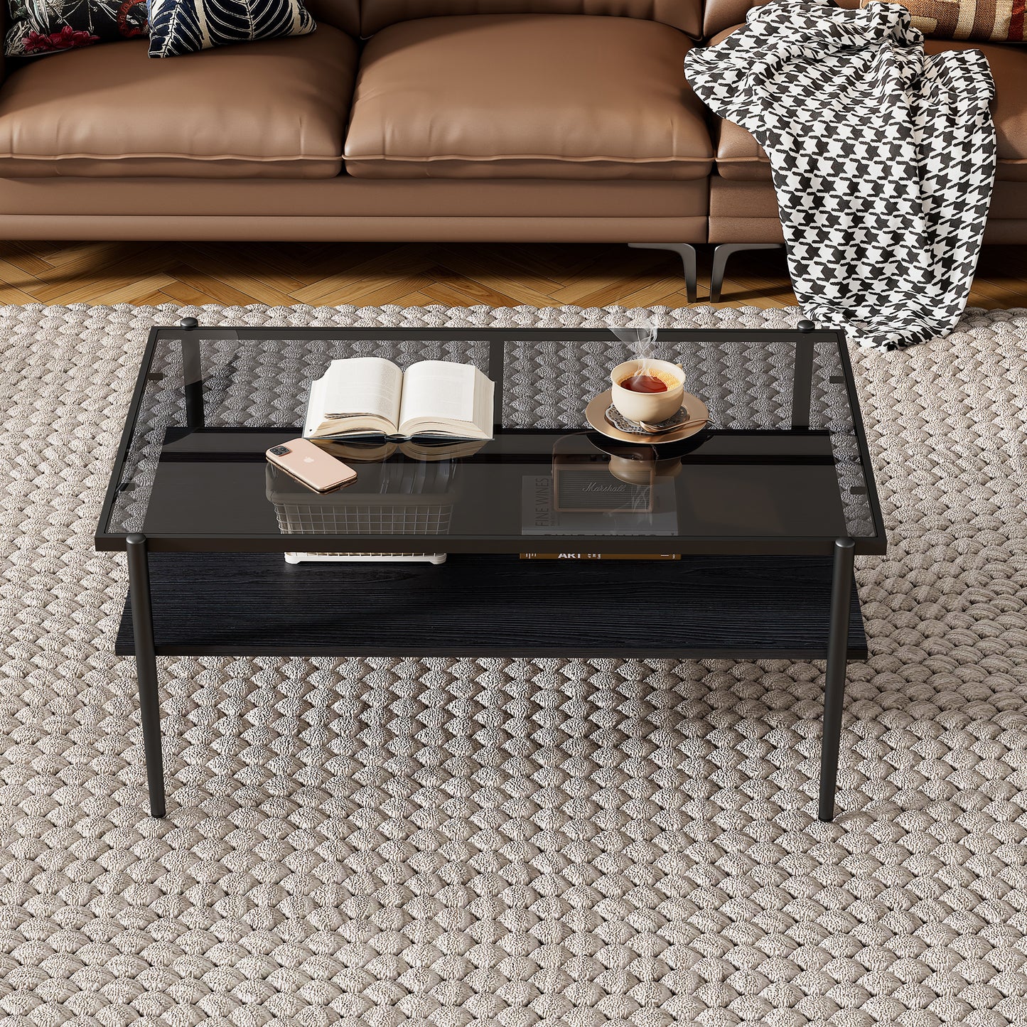 Rectangle Coffee Table with Gray Tempered Glass top and Black Legs,Modern Table for Living Room