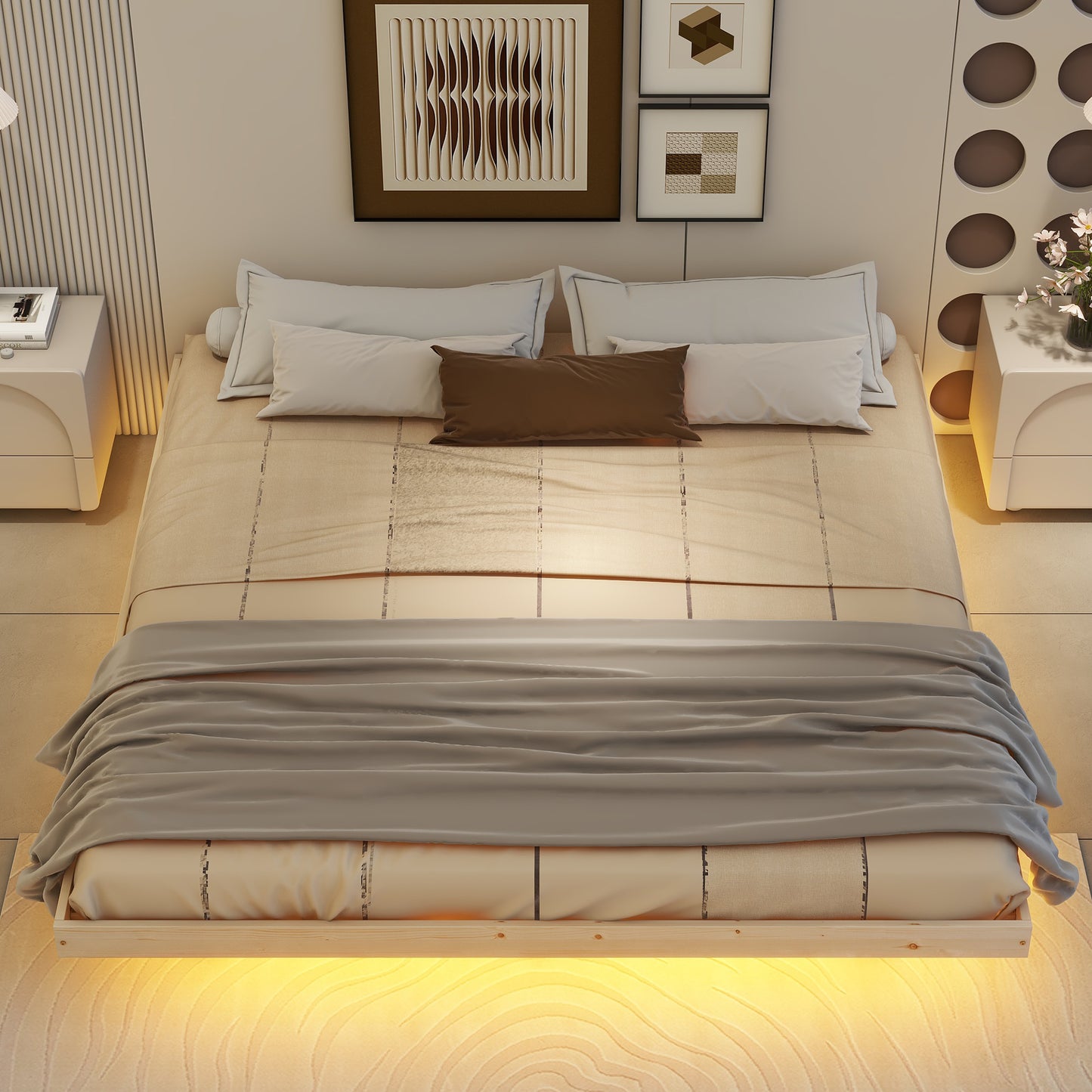 （缺货）King Size Floating Bed with LED Lights Underneath,Modern King Size Low Profile Platform Bed with LED Lights,Natrual