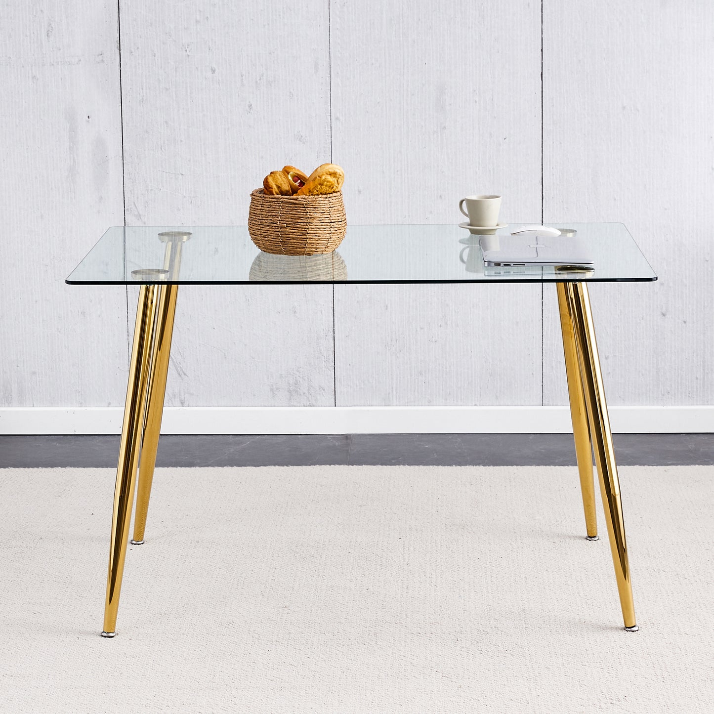 （预计2024-12-26 ~ 2025-01-02到货）Modern Minimalist Rectangular Glass Dining Table for 4-6 with 0.31" Tempered Glass Tabletop and Golden plating Metal Legs, Writing Table Desk, for Kitchen Dining Living Room, 51" *31"*30".F-1544