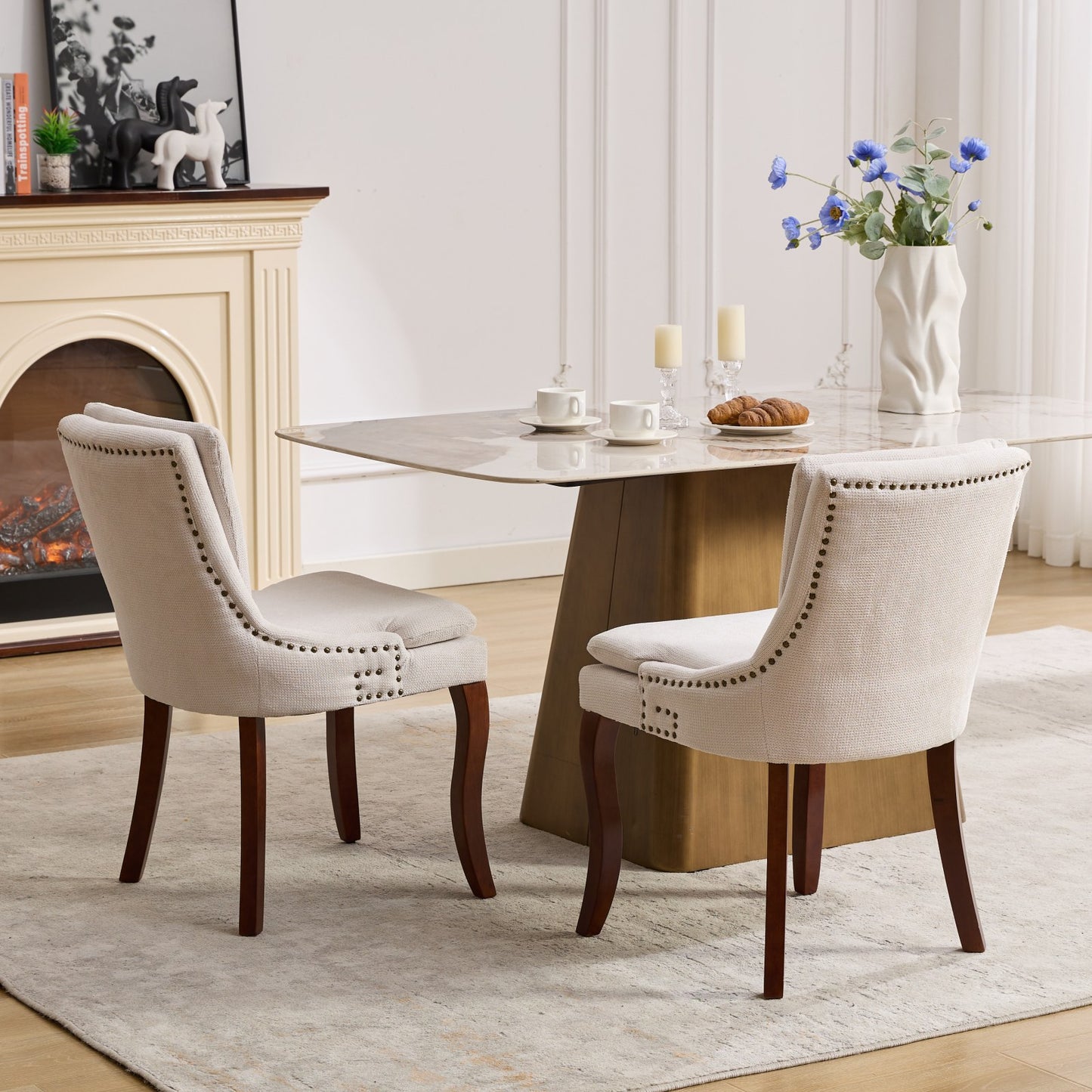 （预计12.29-1.5到货）Modern Dining Chairs Set of 2,Double-layer Cushioned Chenille fabric Upholstered Accent Side Leisure Chairs with Mid Back and Curved Solid Wood Legs for Living Room/Dining Room-Beige