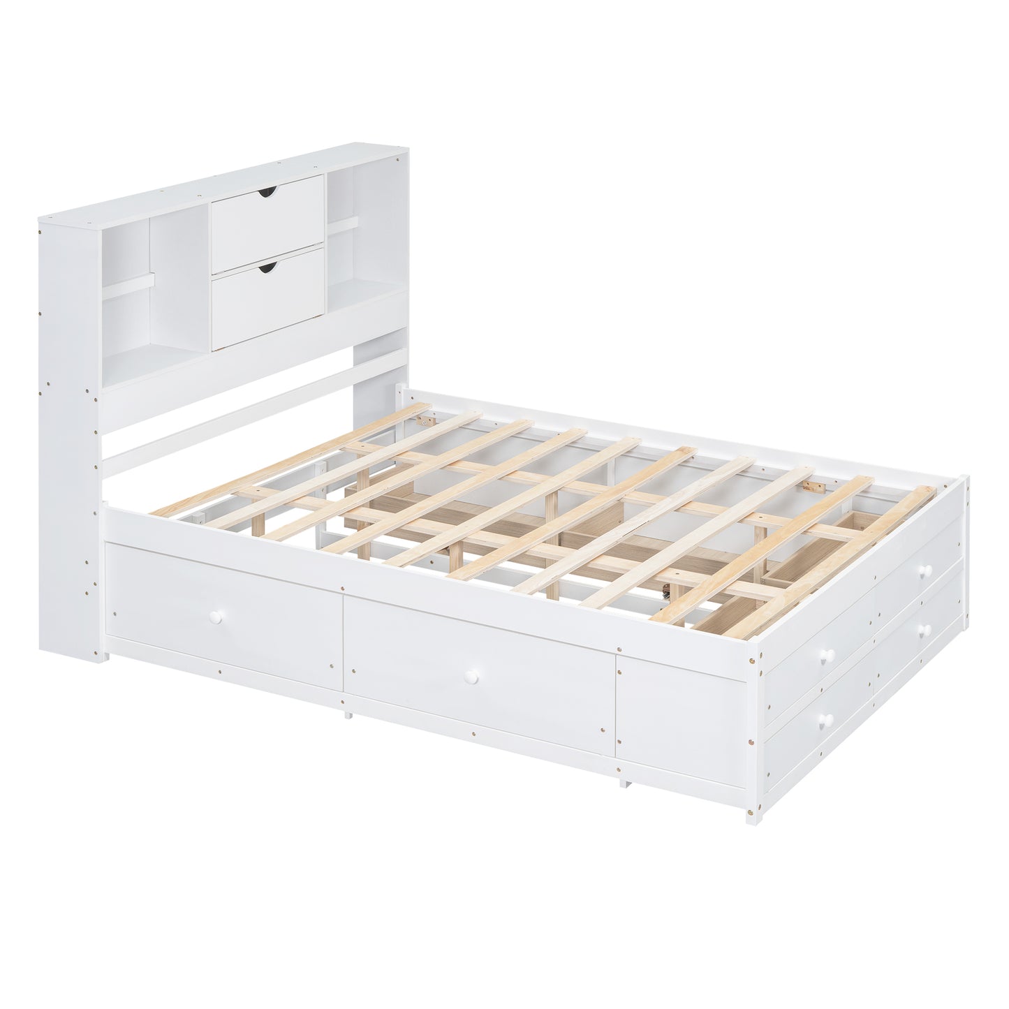 （缺货）King Size Platform Bed with Storage Headboard and 8 Drawers, White