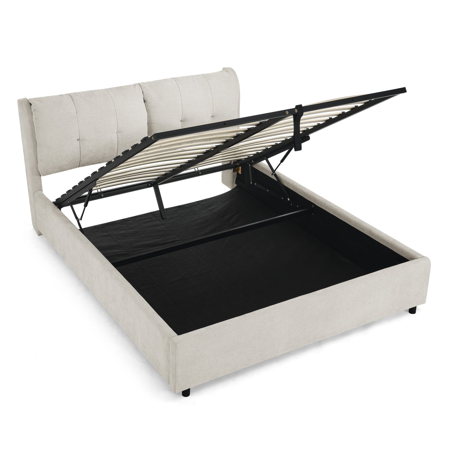 （缺货）Queen Size Storage Upholstered Hydraulic Platform Bed with Integrated Headboard, Chenille Fabric, Beige