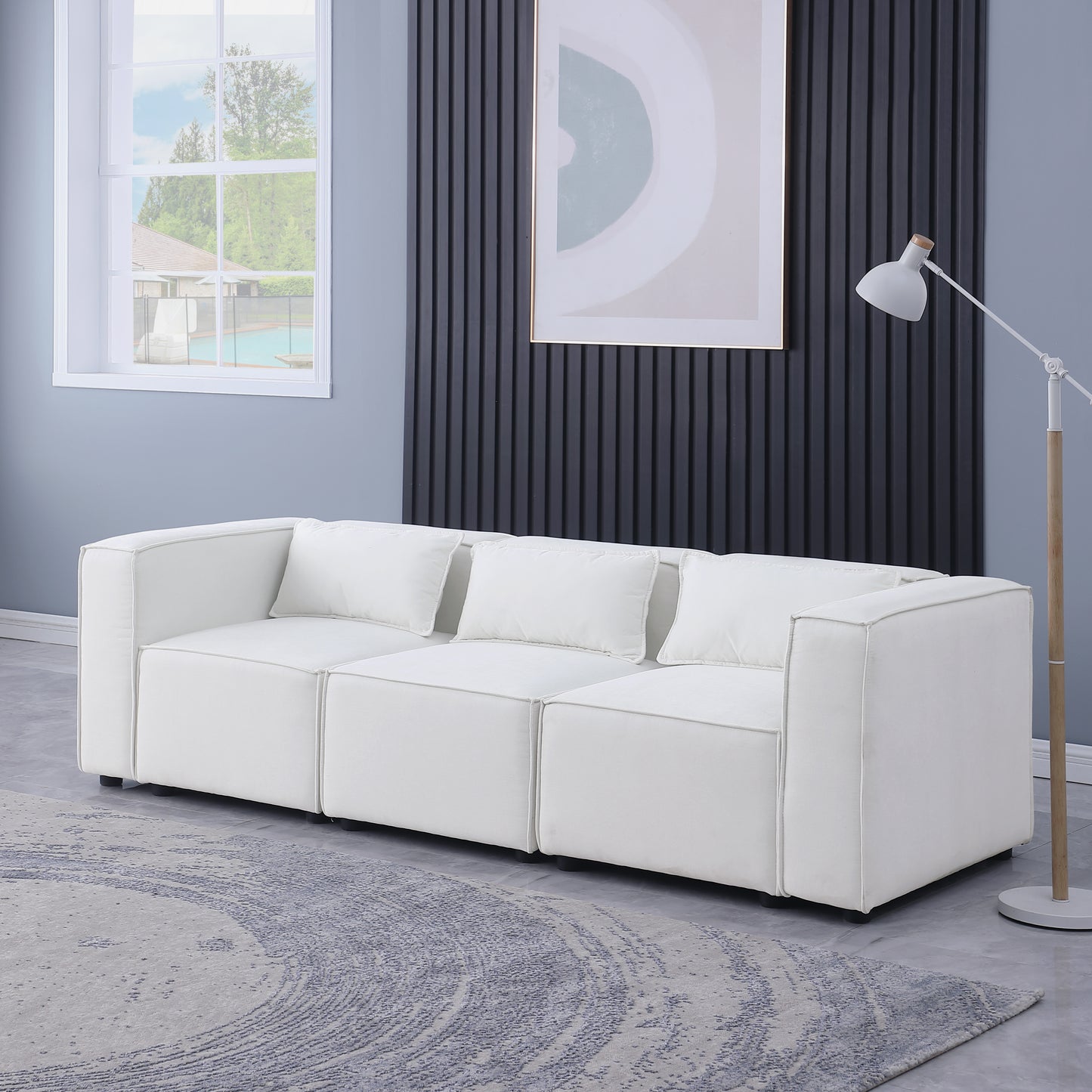 modular sofa BEIGE chenille fabric, simple and grand, the seat and back is very soft. this is also a KNOCK DOWN sofa