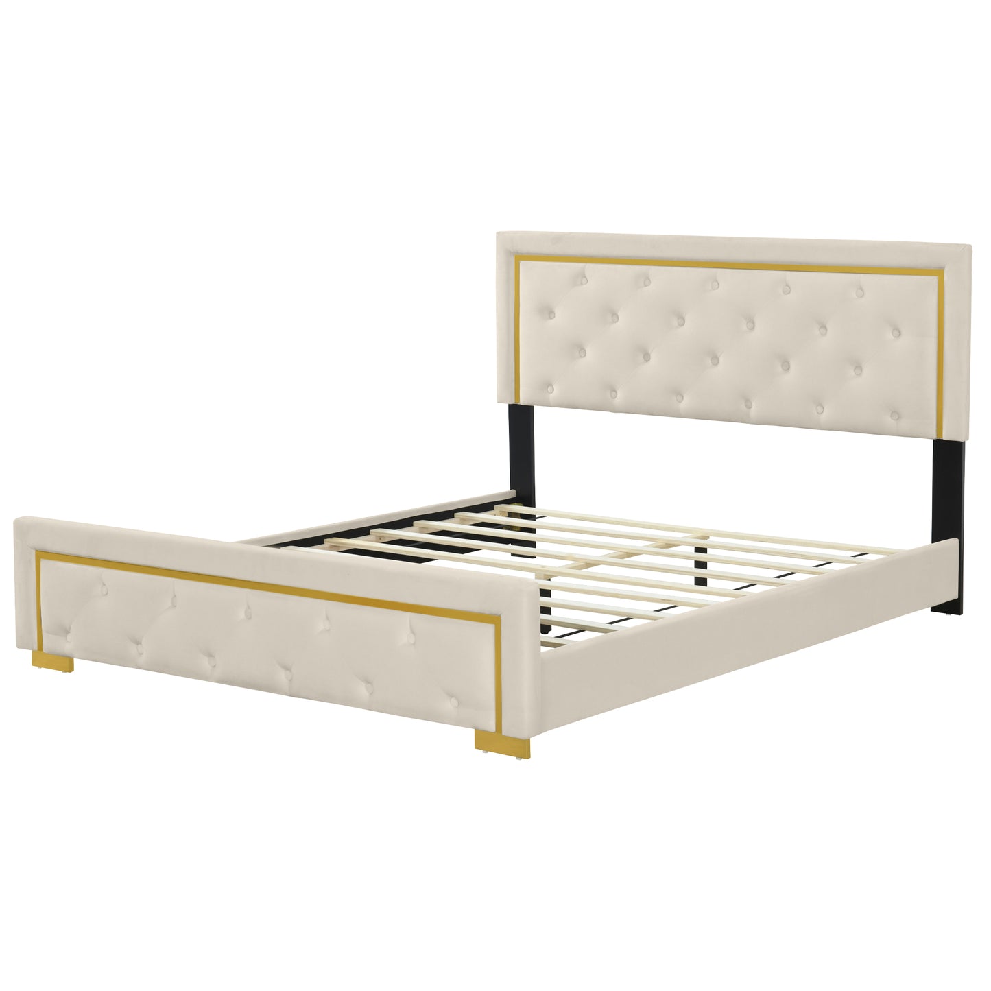 Queen Size Upholstered Platform Bed With Pull Point Headboard And Metal Wire Frame At The Head And Foot Of The Bed, Metal Feet, Velvet, Beige