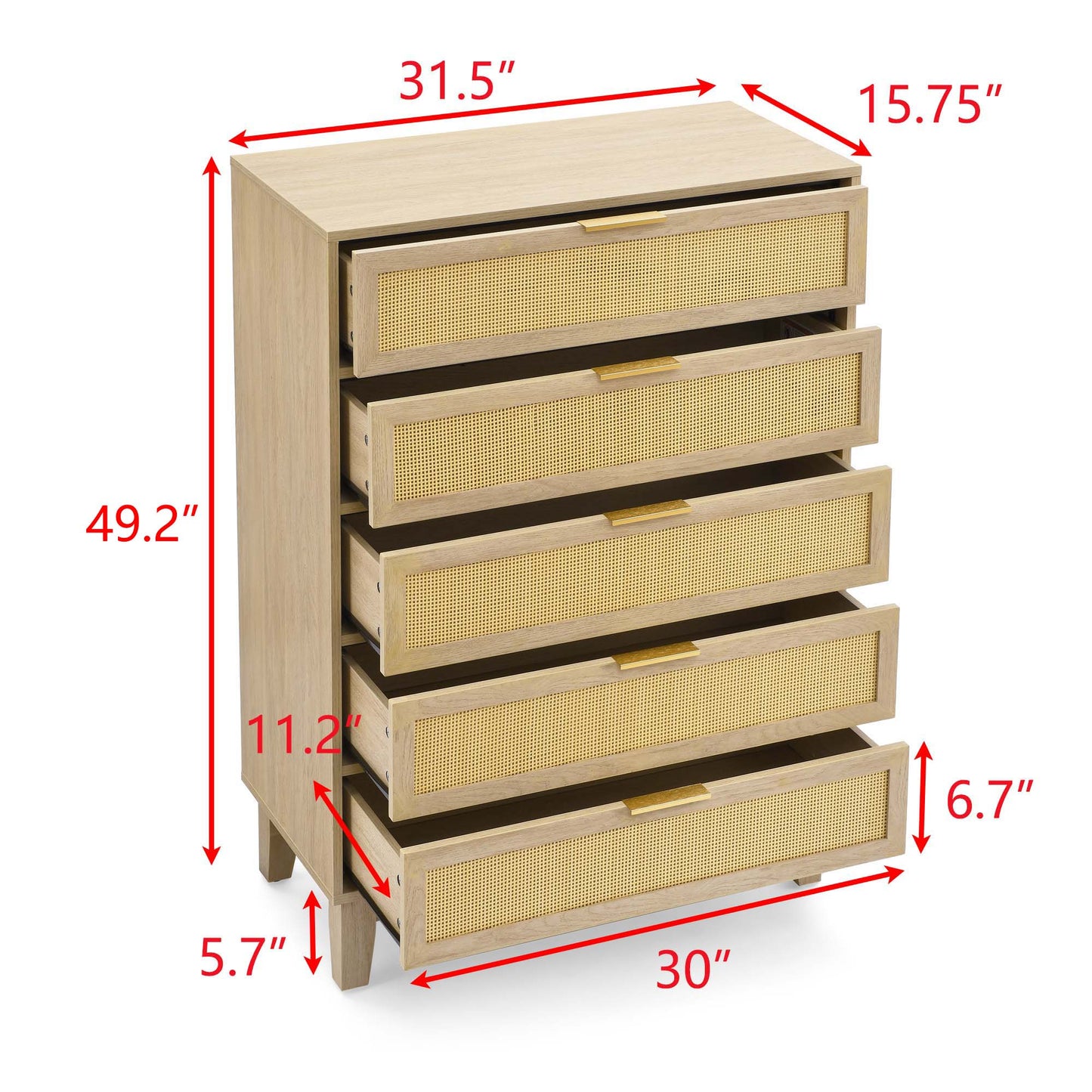 Bedroom 5 drawer dresser, rattan dresser modern wooden chest of drawers with spacious storage space for bedroom hallway living room