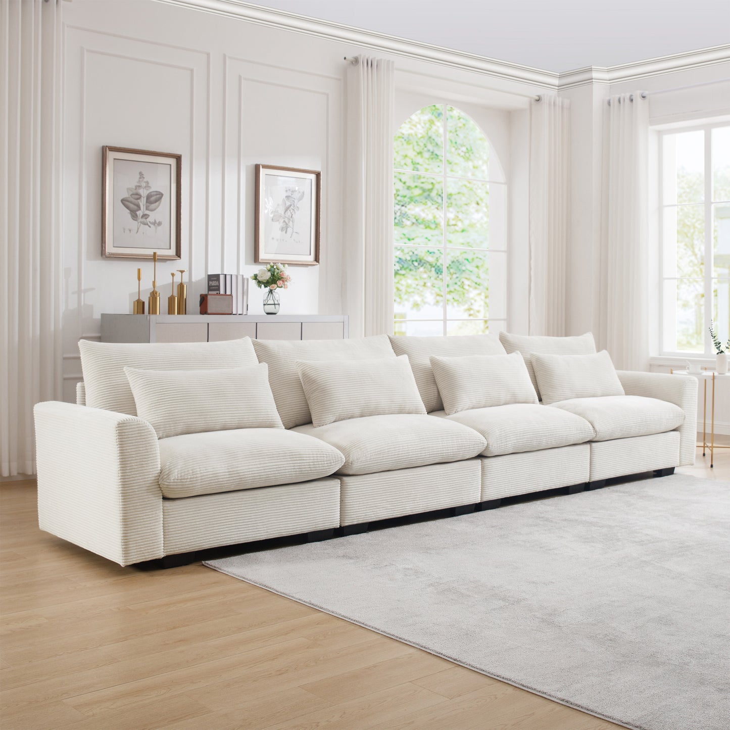 （座位/搁脚凳数量可定制）4 Seater Deep Seat Couches for Living Room, Comfy Beige Corduroy Sofas for Living Room Modern with 4 Waist Pillows