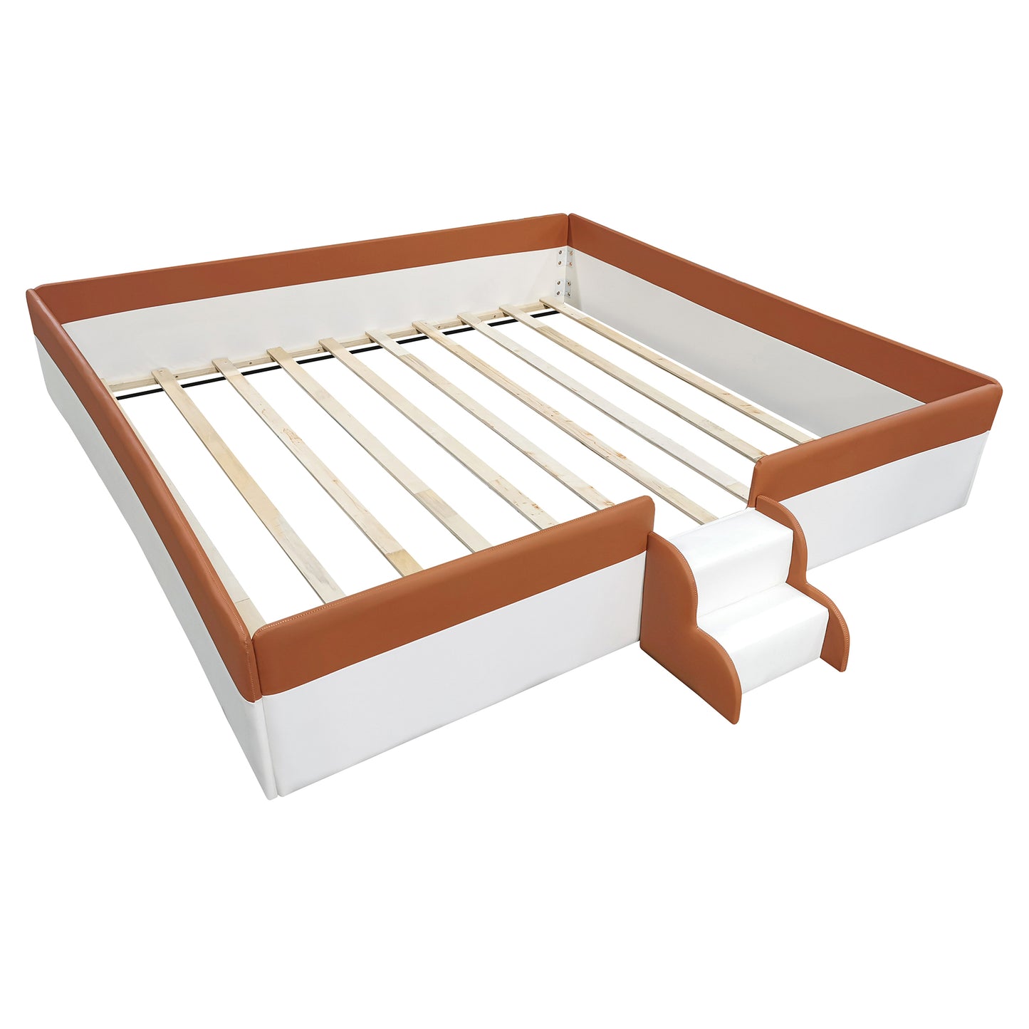 King Size Upholstered Daybed Frame with Fence and Stairs,(BROWN+WHITE)