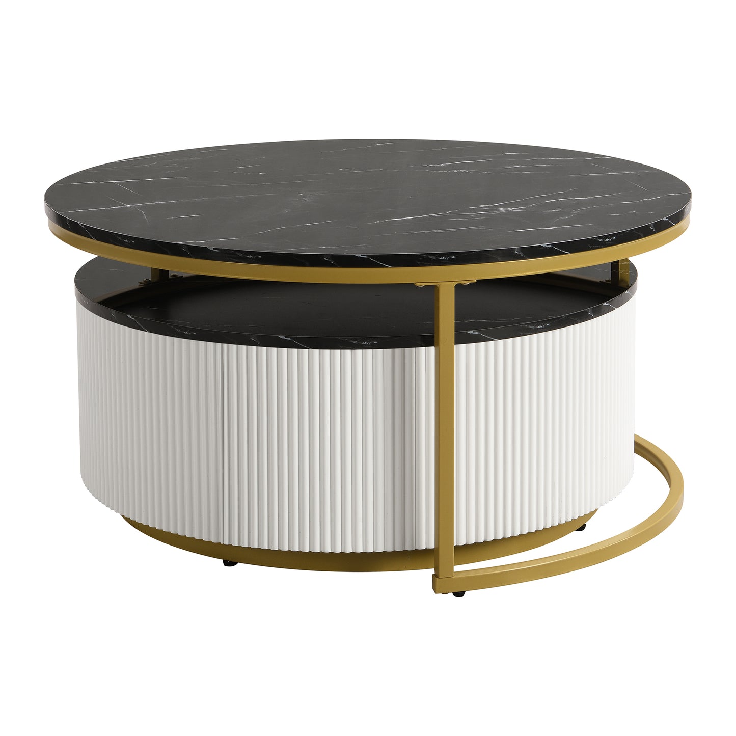 Modern Round Nesting Coffee Table Fluted with Drawer in Black & Gold in 31.5''