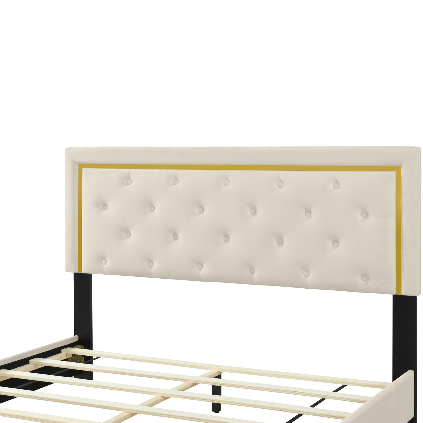 Queen Size Upholstered Platform Bed With Pull Point Headboard And Metal Wire Frame At The Head And Foot Of The Bed, Metal Feet, Velvet, Beige