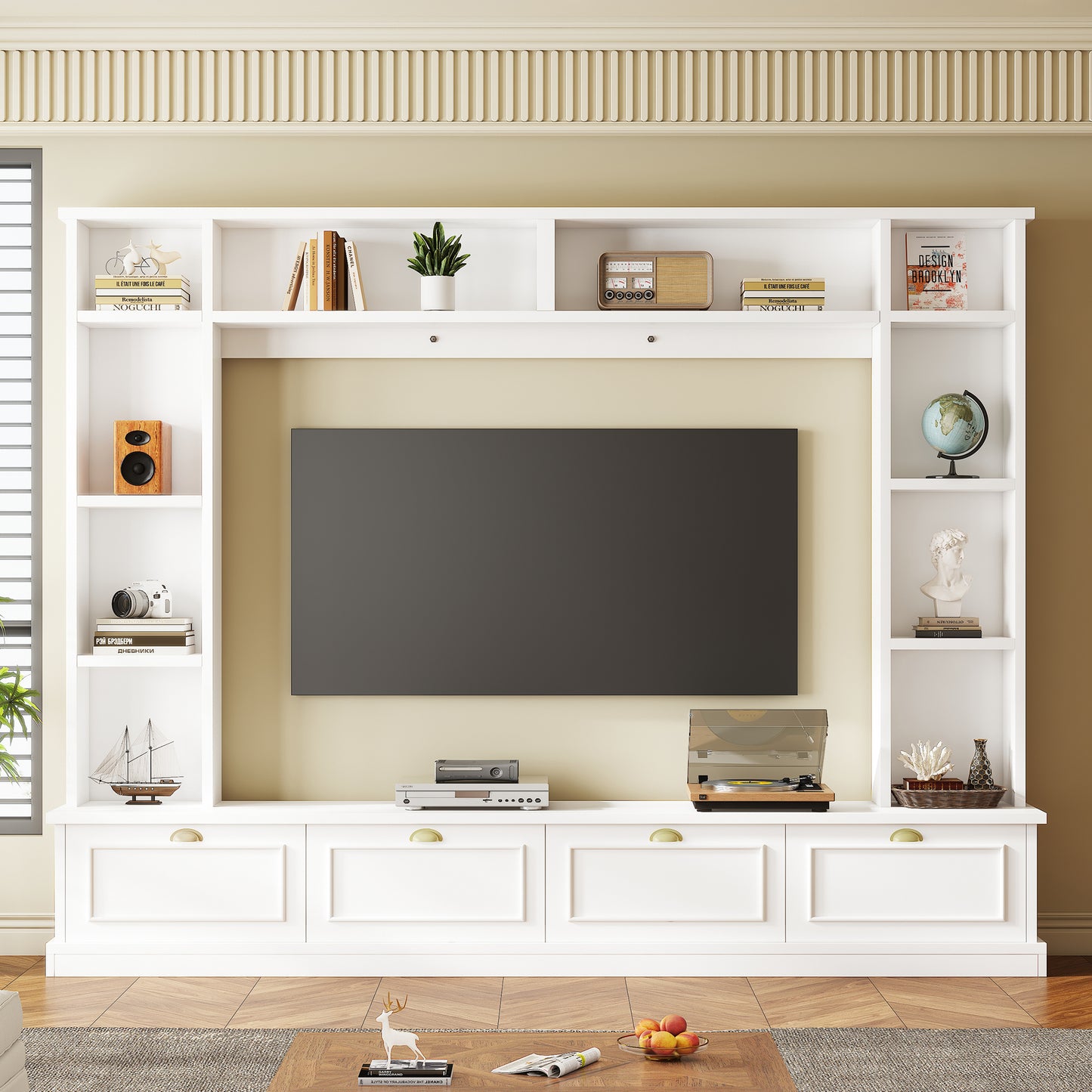 ON-TREND Large Wall Unit Entertainment Center with Bookshelves for TVs Up to 78'', Modern TV Console with Cabinets and Open Shelves, 4-in-1 TV Stand with Golden Handles, White, 104.2''W*81.2''H