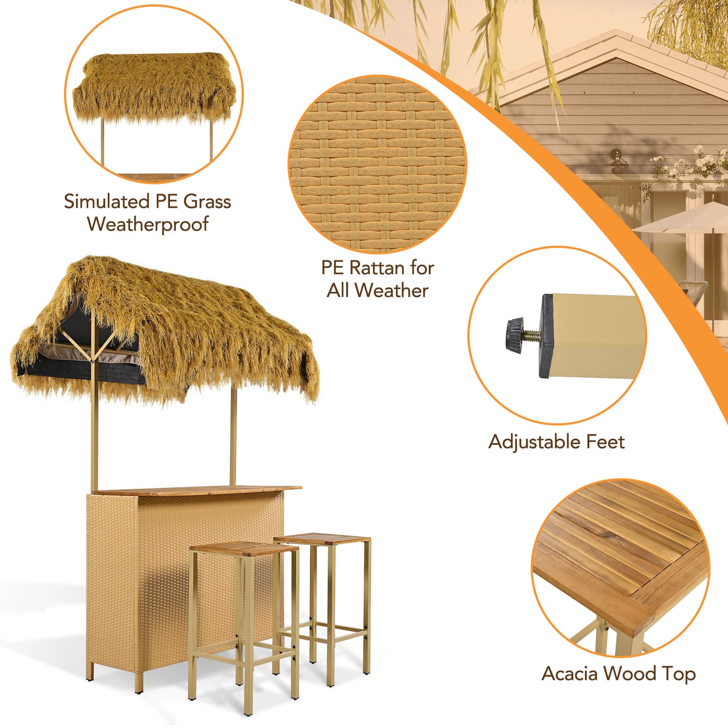 GO Hawaiian-style Bar Height Patio Set with PE Grass Canopy, Outdoor Bar Table and Stools with Adjustable Feet, Acacia Wood Top, for Dining and Drinking, Natural