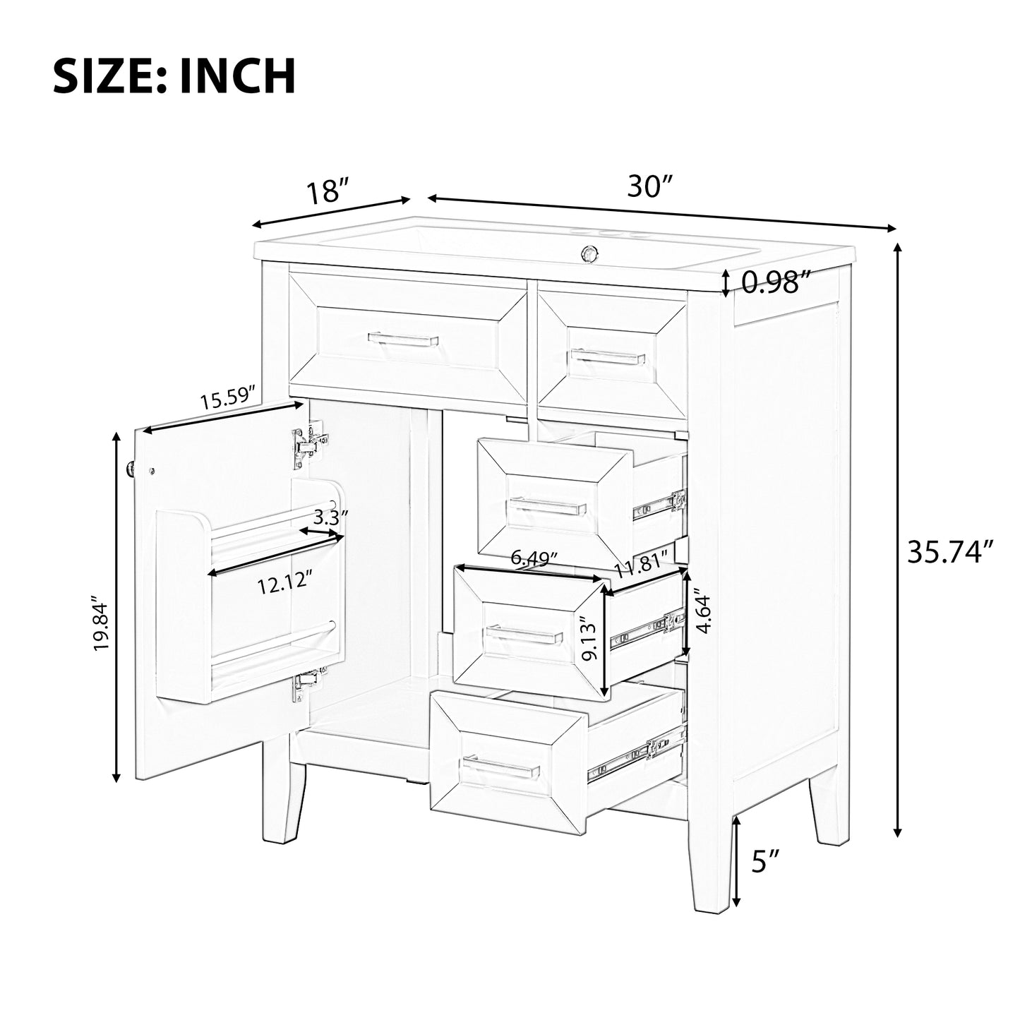 30" Bathroom Vanity with Sink Combo, White Bathroom Cabinet with Drawers, Solid Frame and MDF Board