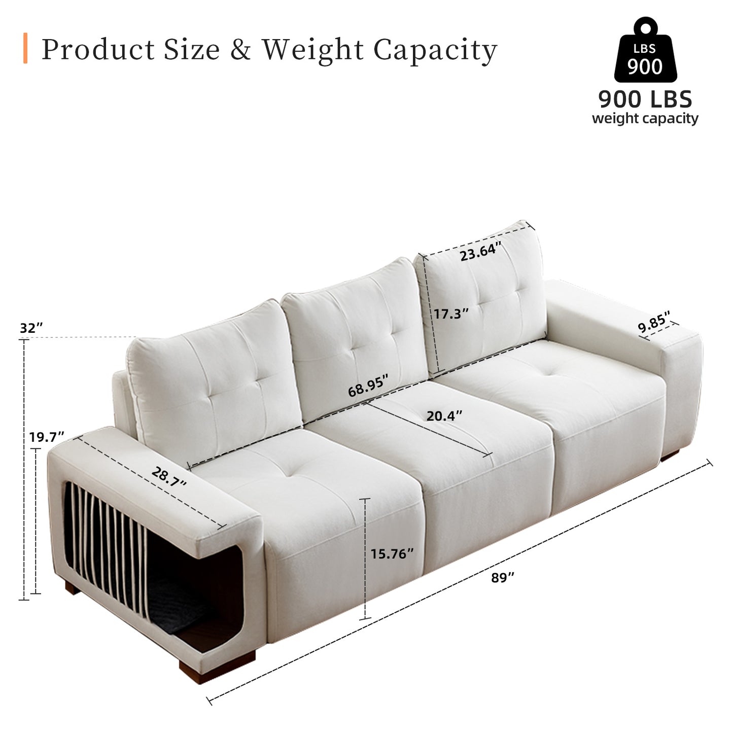 3 Seater Sofa Couch for Living Room,89" Modern Couches for Small Space,cat nest sofa,for cat friendly,Comfy Couch With Waterproof and cat scratch resistant fabric