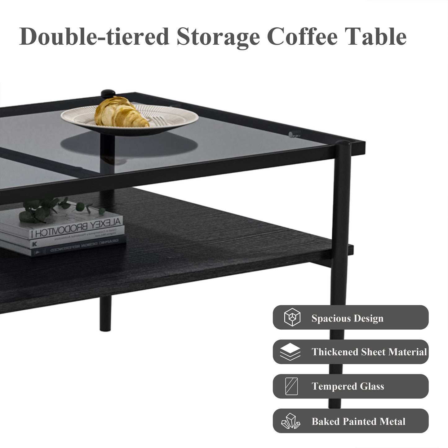 Rectangle Coffee Table with Gray Tempered Glass top and Black Legs,Modern Table for Living Room