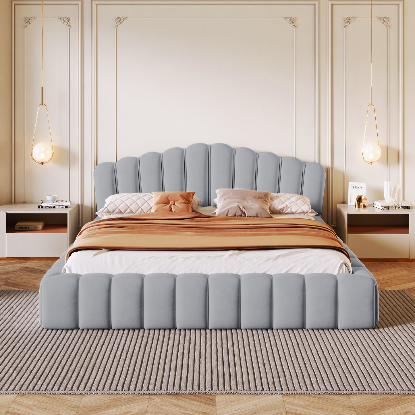 （缺货）Velvet Upholstered Queen Bed Floor Bed Frame Shell-Shaped Headboard for Bedroom,No Box Spring Needed,Light Blue