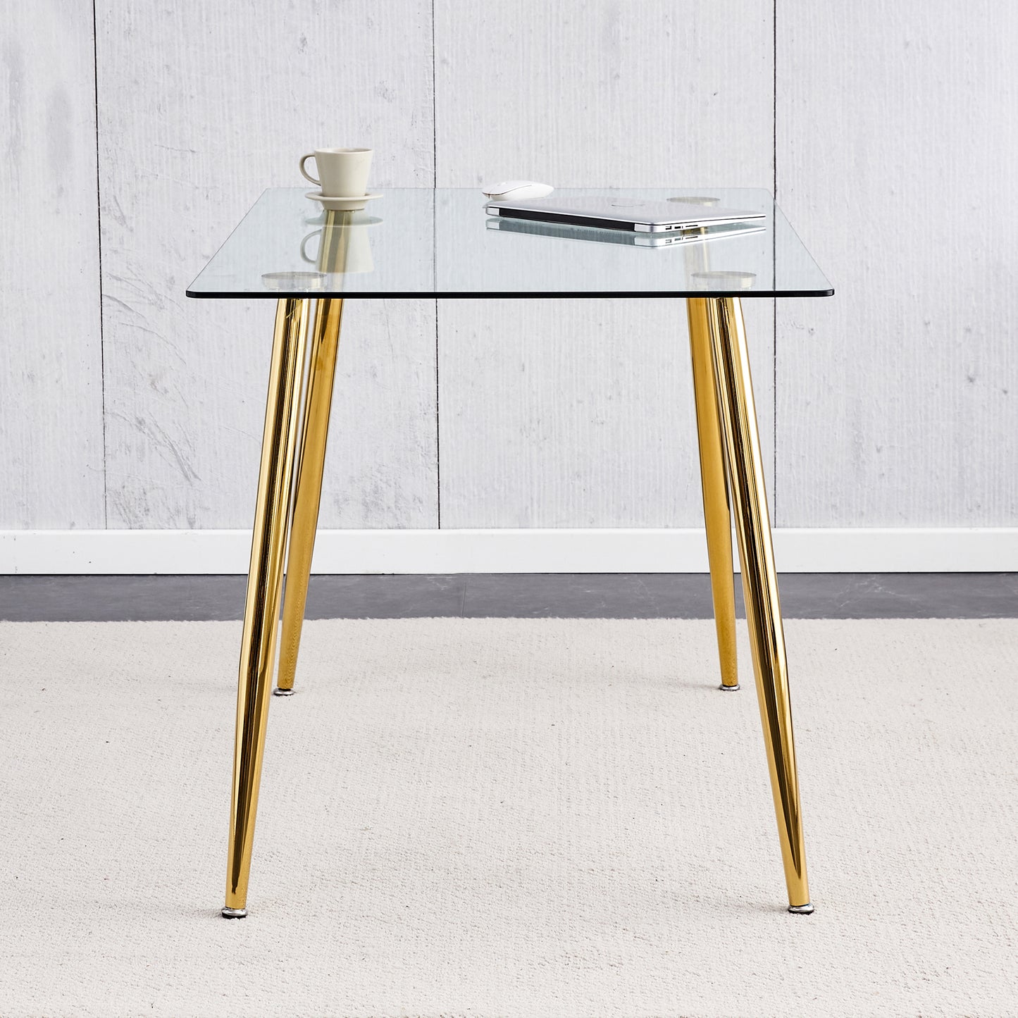 （预计2024-12-26 ~ 2025-01-02到货）Modern Minimalist Rectangular Glass Dining Table for 4-6 with 0.31" Tempered Glass Tabletop and Golden plating Metal Legs, Writing Table Desk, for Kitchen Dining Living Room, 51" *31"*30".F-1544