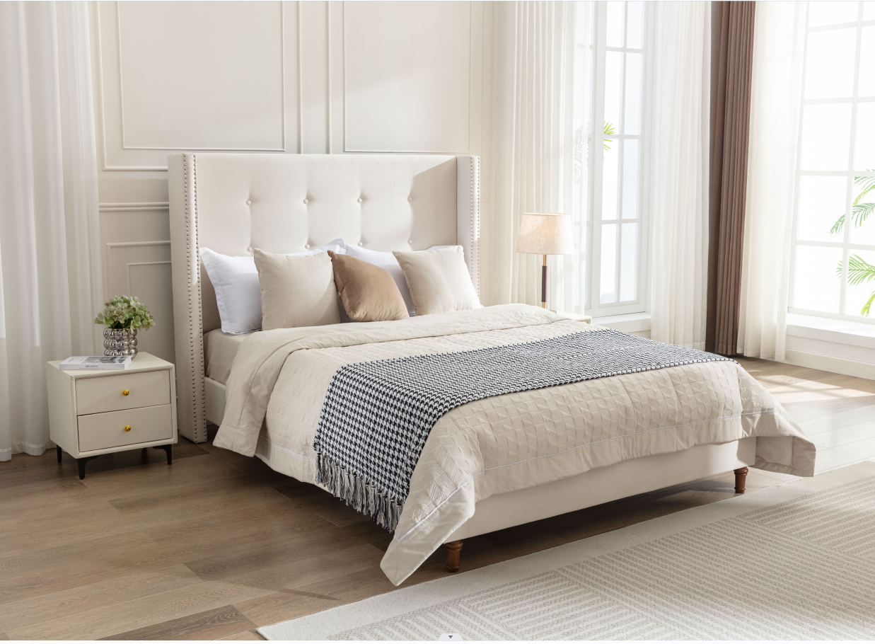 Peyton Upholstered King Bed / 54" High Headboard / Traditional Hand Buttoned Tufting / Nailhead Trim Wingback / No Box Spring Needed / Easy Assembly / Ivory Velvet