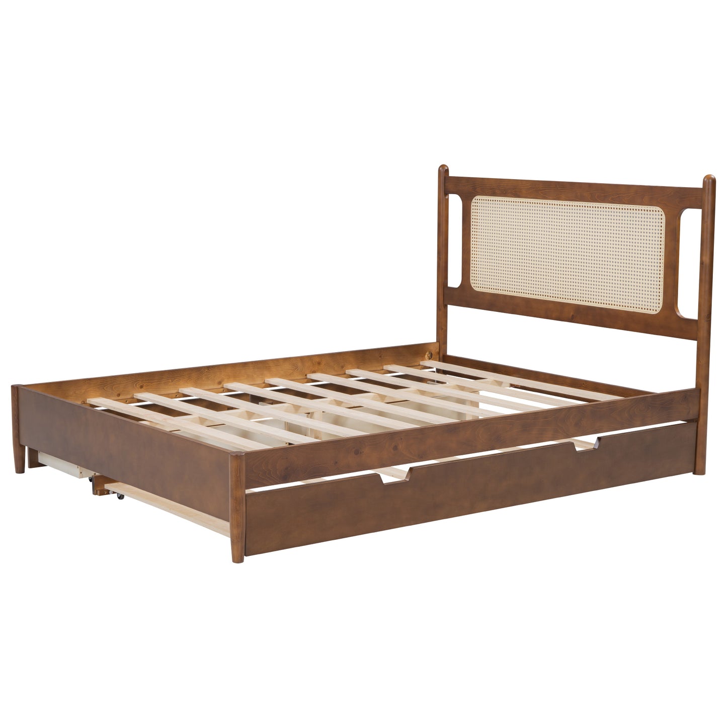 Queen Size Wooden Rattan Platform Bed, with 2 Big Drawers, T Size Trundle, Brown