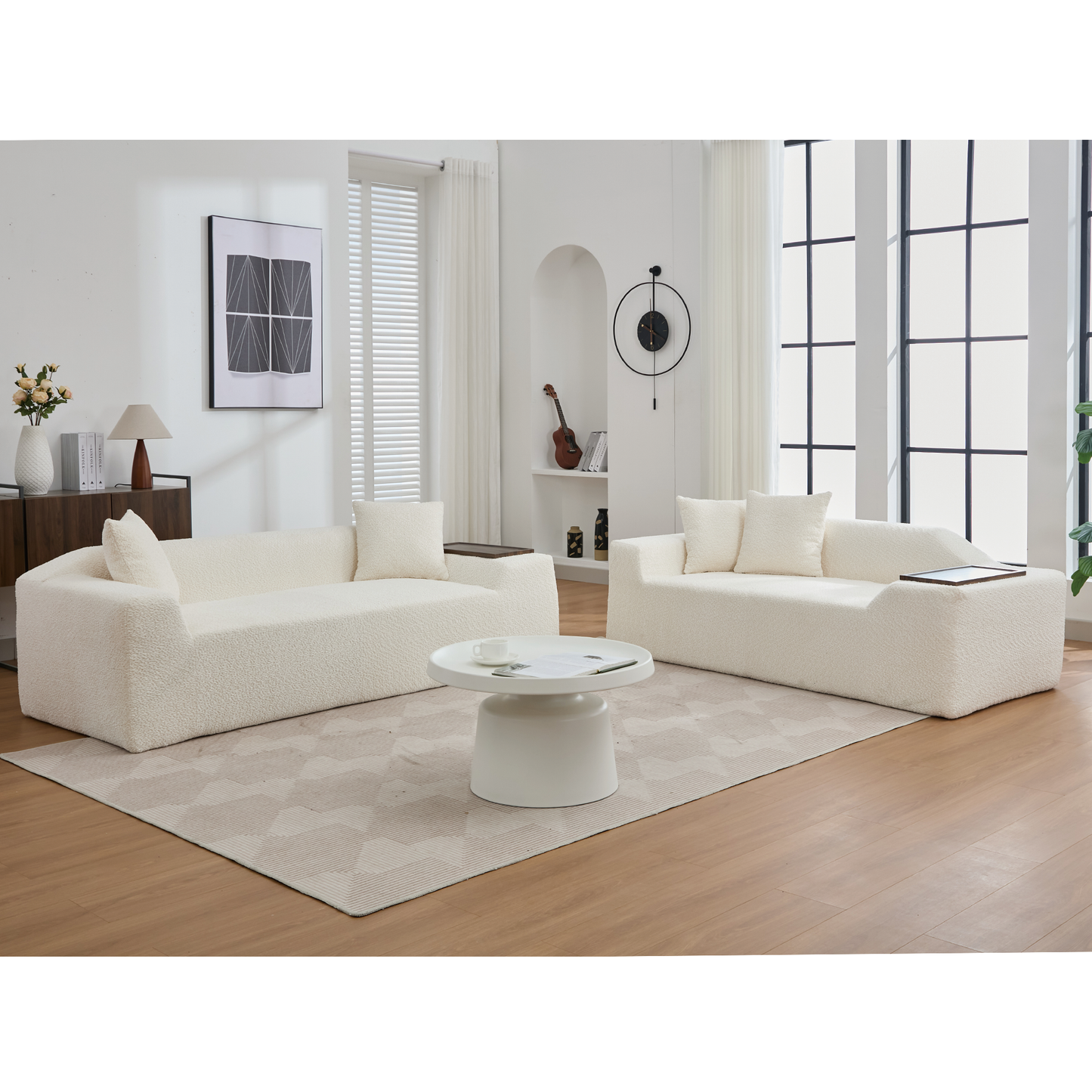 [NEW ARRIVED] [VIDEO PROVIDED]2 Piece Boucle Cloud Sofa Set, Upholstered Sofa Set, Modern 3 Seater and 2 Seater Sofa with MDF End Table for Living Room ,Apartment,3+2 couch,Boucle,Beige