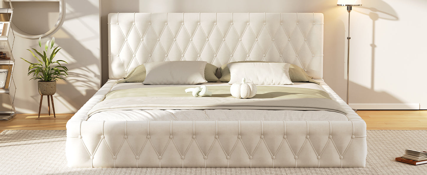 Queen Size Upholstered Bed with Tufted Headboard, Modern Velvet Platform Bed , No Box Spring Required, White