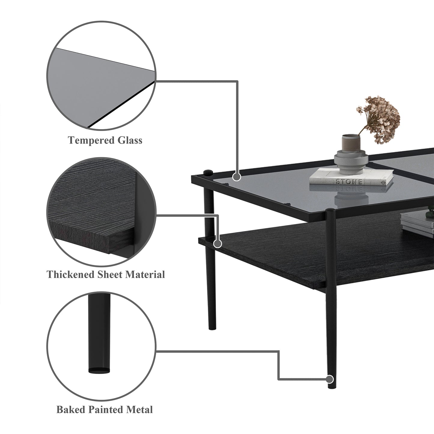 Rectangle Coffee Table with Gray Tempered Glass top and Black Legs,Modern Table for Living Room