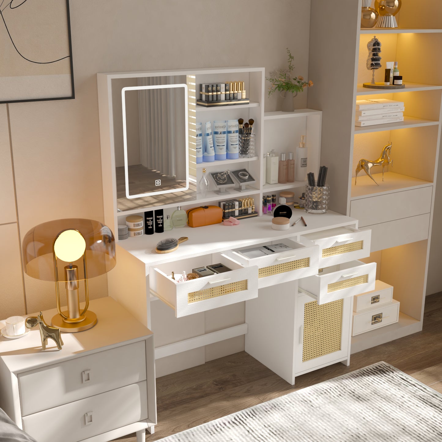 Makeup Vanity with Lights in 3 Colors & Openable Mirror, Vanity Desk with 4 Drawers & 1 Cabinets & Shelves, Vanity Table Rattan Vanity Dresser, for Bedroom