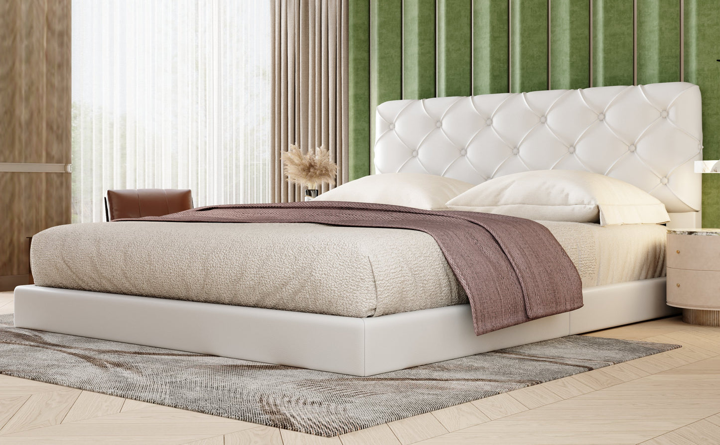 Queen Size Tufted Upholstered Platform Bed, White