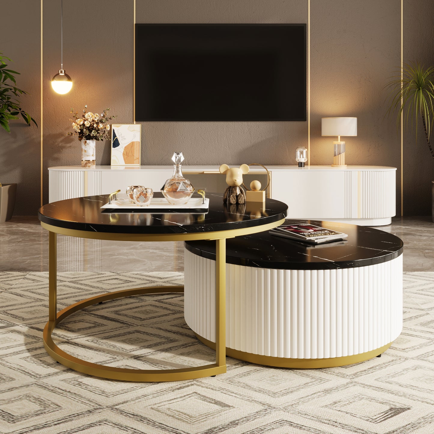 Modern Round Nesting Coffee Table Fluted with Drawer in Black & Gold in 31.5''