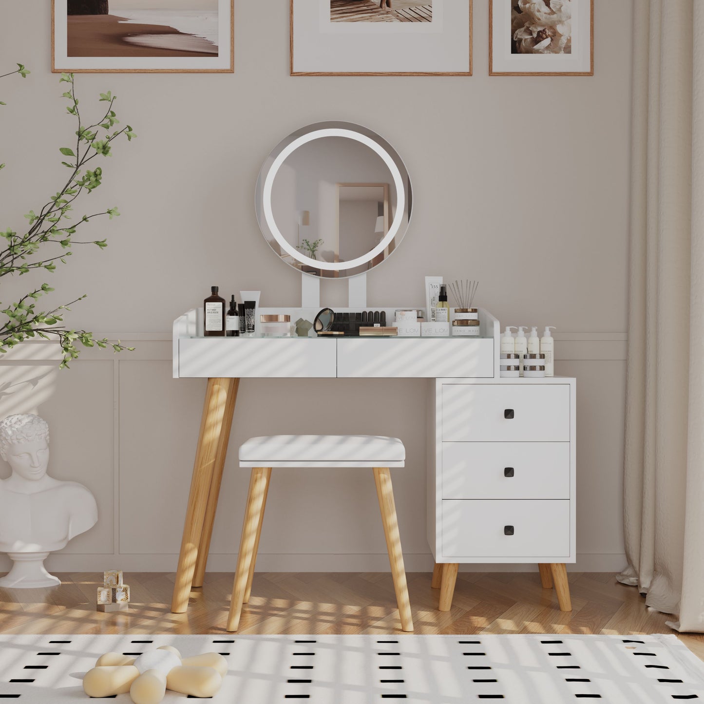 Dressing Table with LED Lights Glass Top Dressing Table with Extendable Side Table 5 Drawers Dressing Table with Mirror and Stool for Bedroom