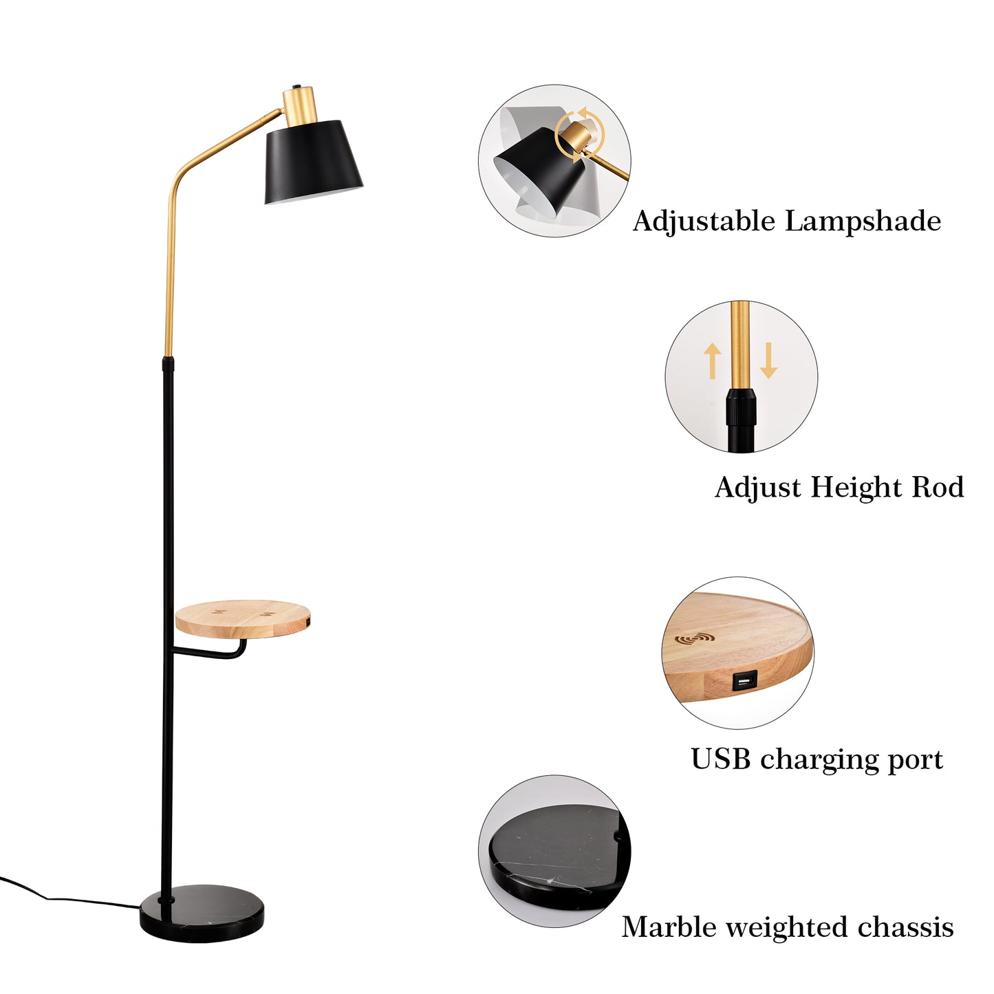 Real Marble Floor Lamp with Wood Bedside Nightstand End Table and Built-in USB Charging Port for Living Room Sofas Bedroom,Matte Gold +Matte Black