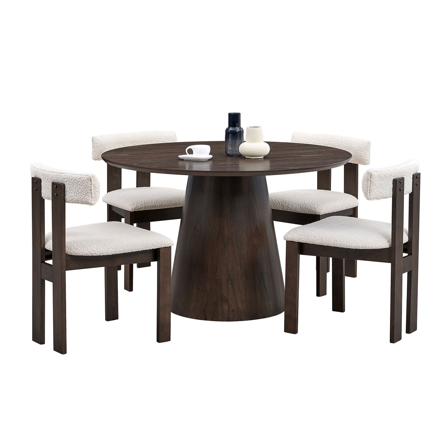 (1 Table with 4 Chairs)Wooden Dining Table Set, Modern Round MDF Kitchen Table and Boucle Upholstered Dining Chairs for Dining Room, Kitchen, Saving Space, Dark Brown