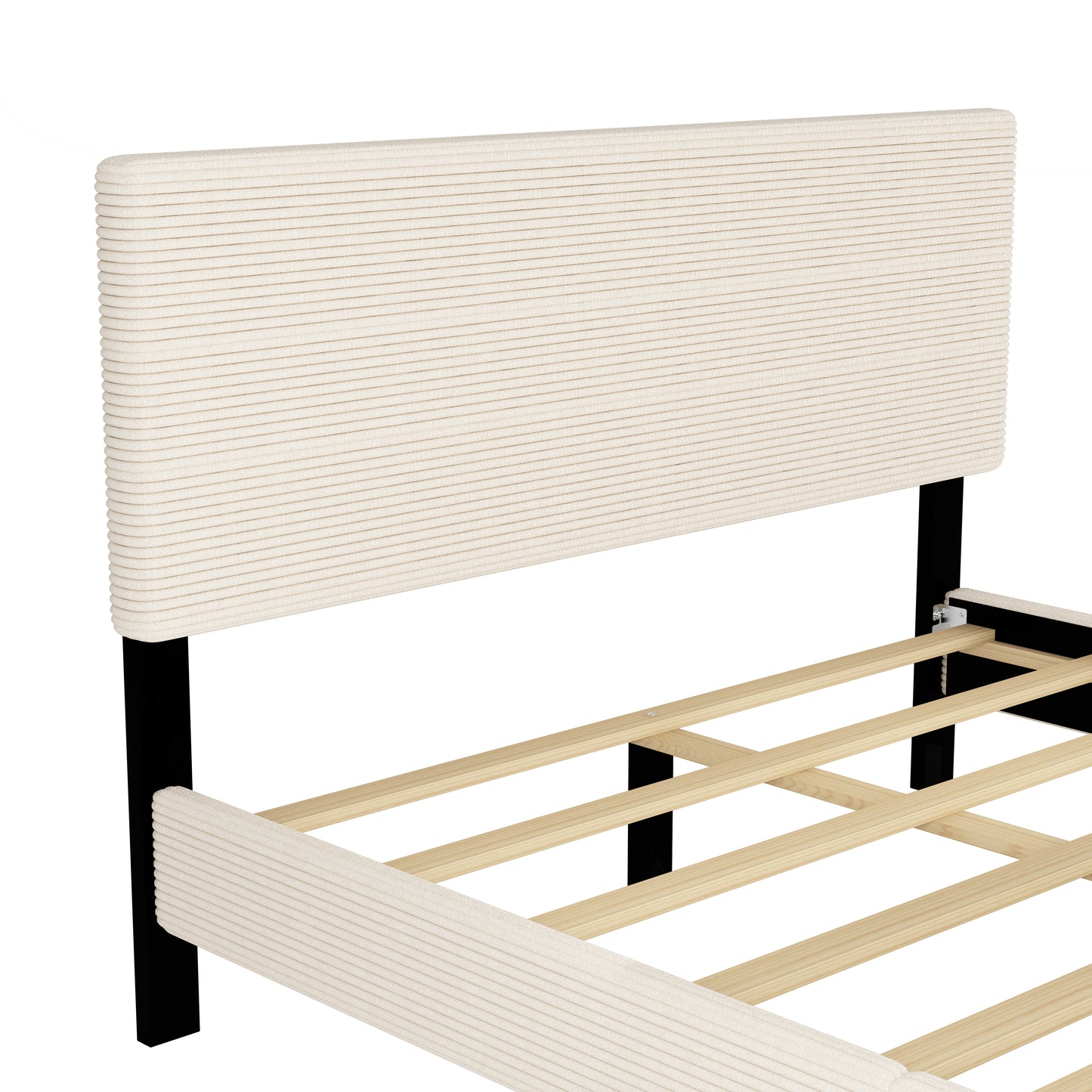 Queen Size Corduroy Upholstered Bed Frame, Platform Bed with Horizontal Stripe Headboard, No Box Spring Needed, Beige