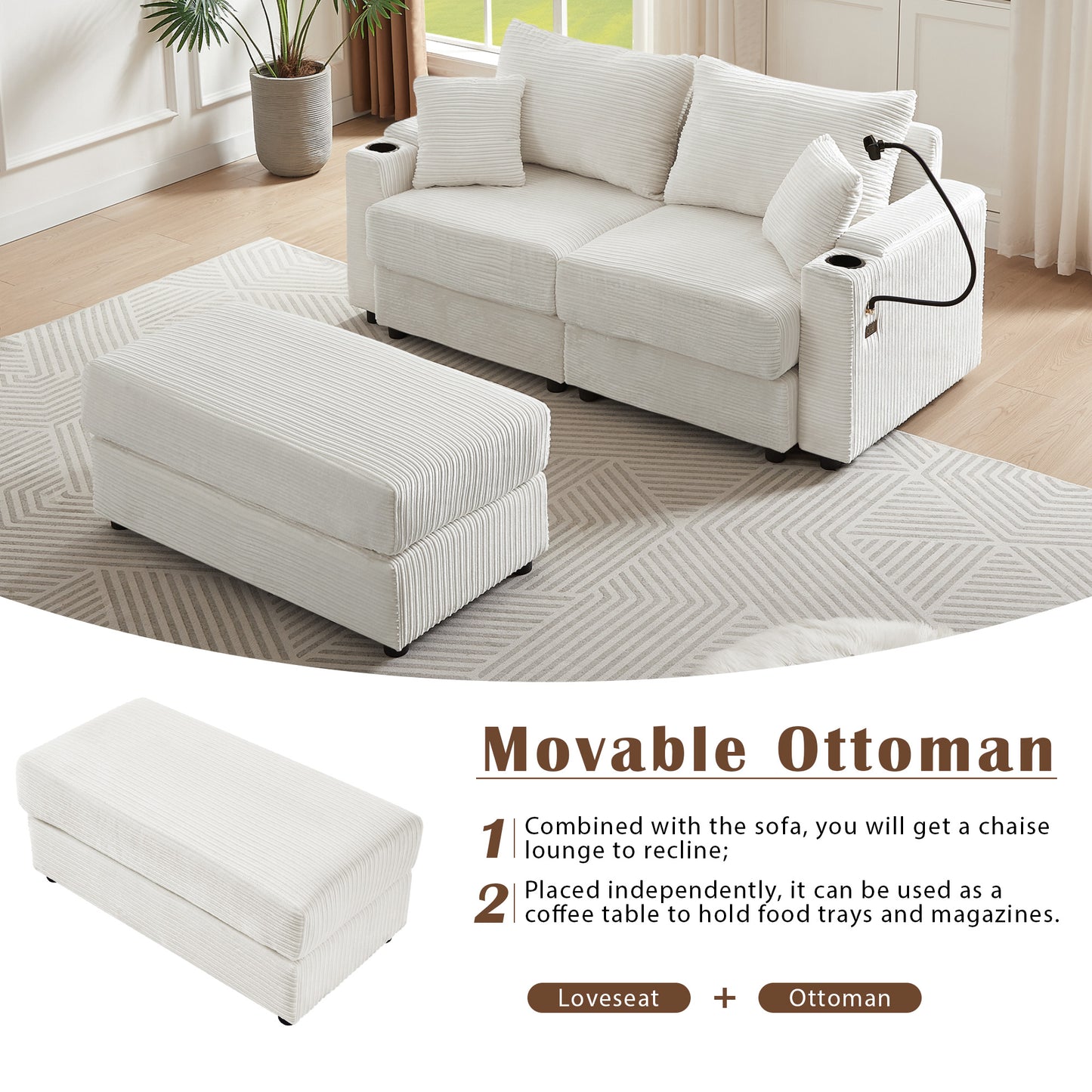 72.8" Modern Style Loveseat Sofa Sectional Sofa Couch with Storage Space, A Movable Ottoman, Two USB Ports, Two Cup Holders, A Phone Holder for Living Room, Beige