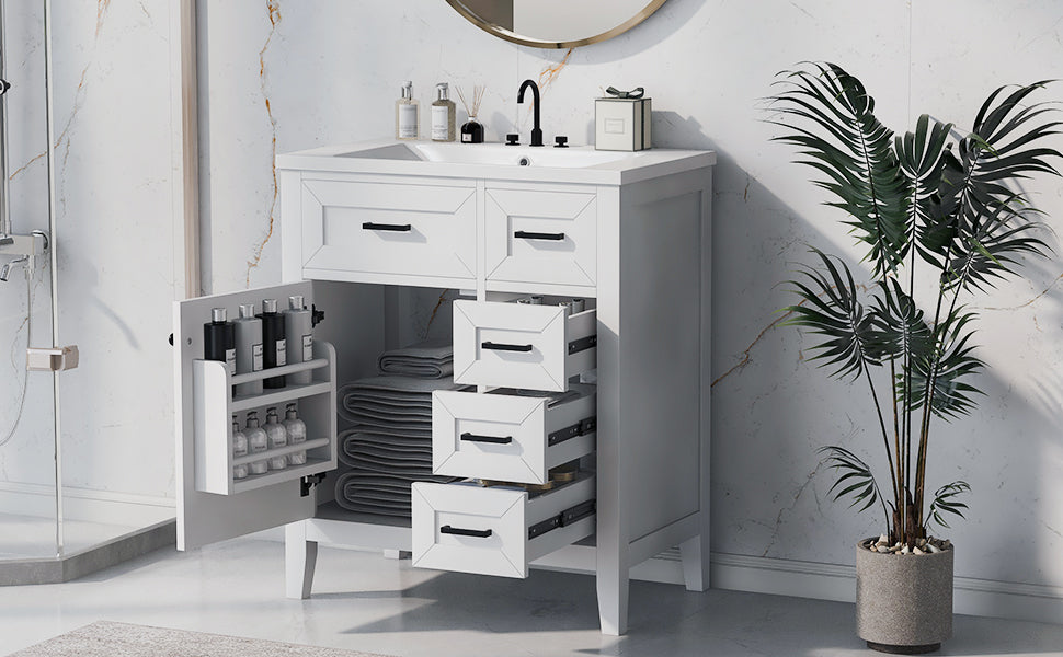 30" Bathroom Vanity with Sink Combo, White Bathroom Cabinet with Drawers, Solid Frame and MDF Board