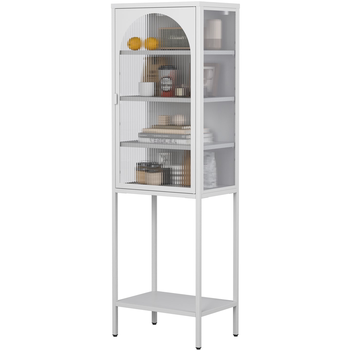 Metal Glass Door Display Storage Cabinet - 5-Tier Cube Bookshelf Storage Cabinet with 3 Adjustable Shelves For kitchen, dining room, living room, bathroom, home office,White