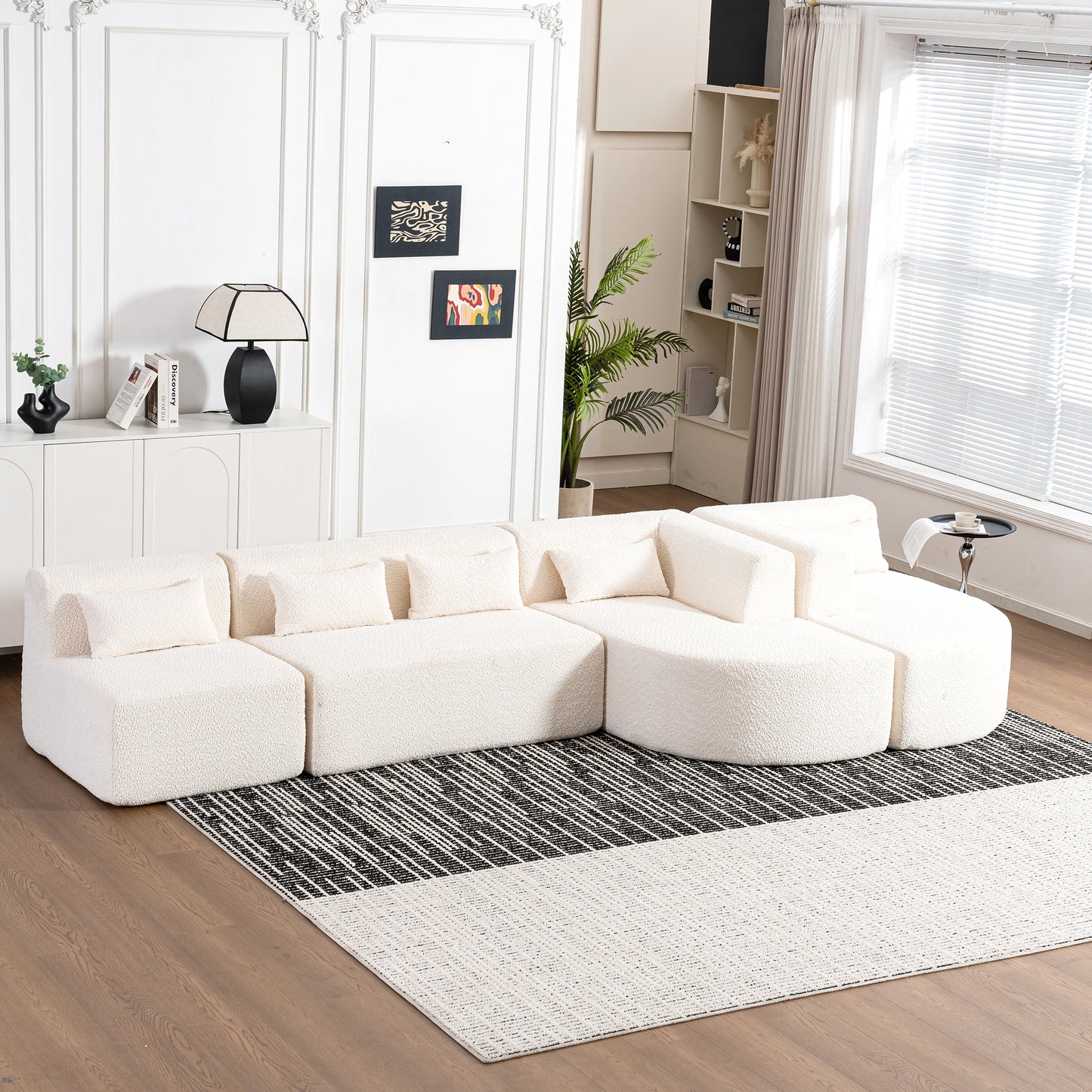 143.7" Upholstered Sofa Free-combined Sofa Couch with Two Chaise Lounge and Five Back Pillows for Living Room, Beige