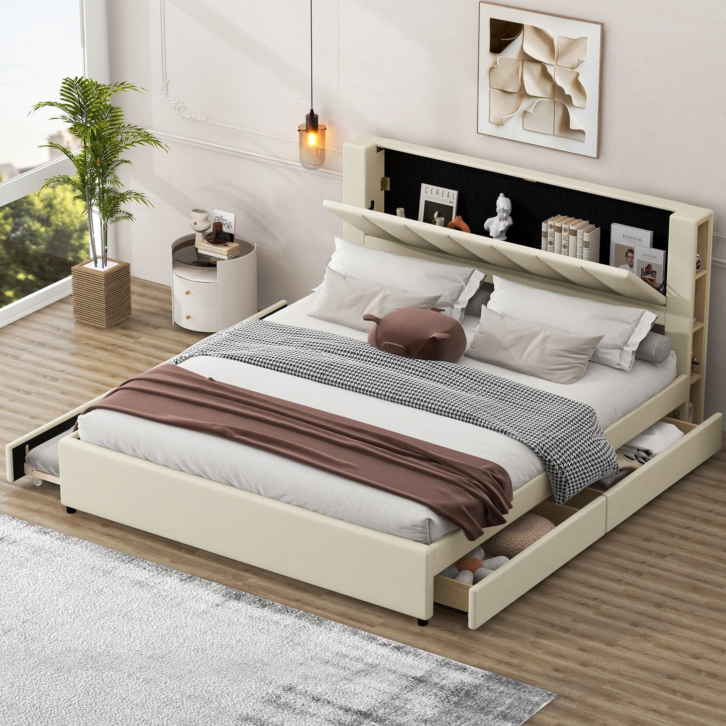 King Size Upholstery Platform Bed with Storage Headboard, 2 Drawers and Trundle,Beige