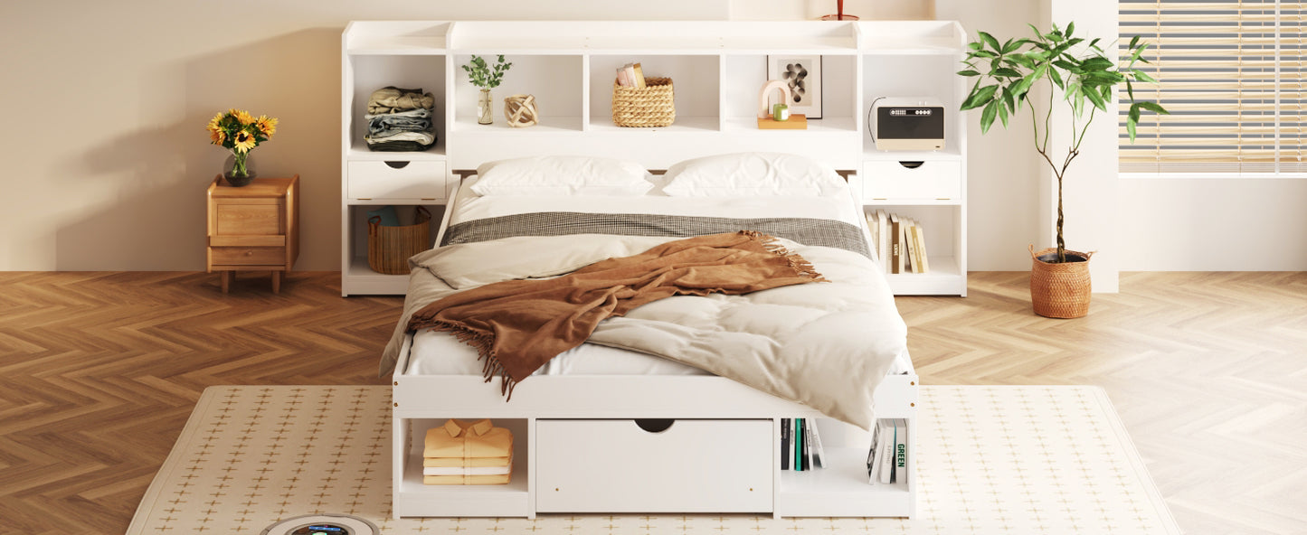 Queen Size Wood Platform Bed with Multi-storage Headboard and a Drawer, White