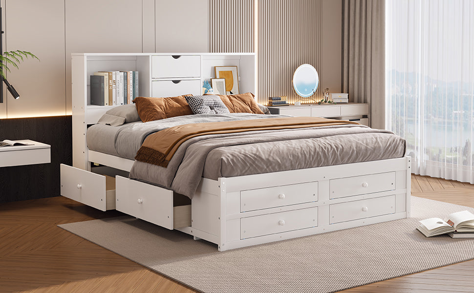 （缺货）King Size Platform Bed with Storage Headboard and 8 Drawers, White