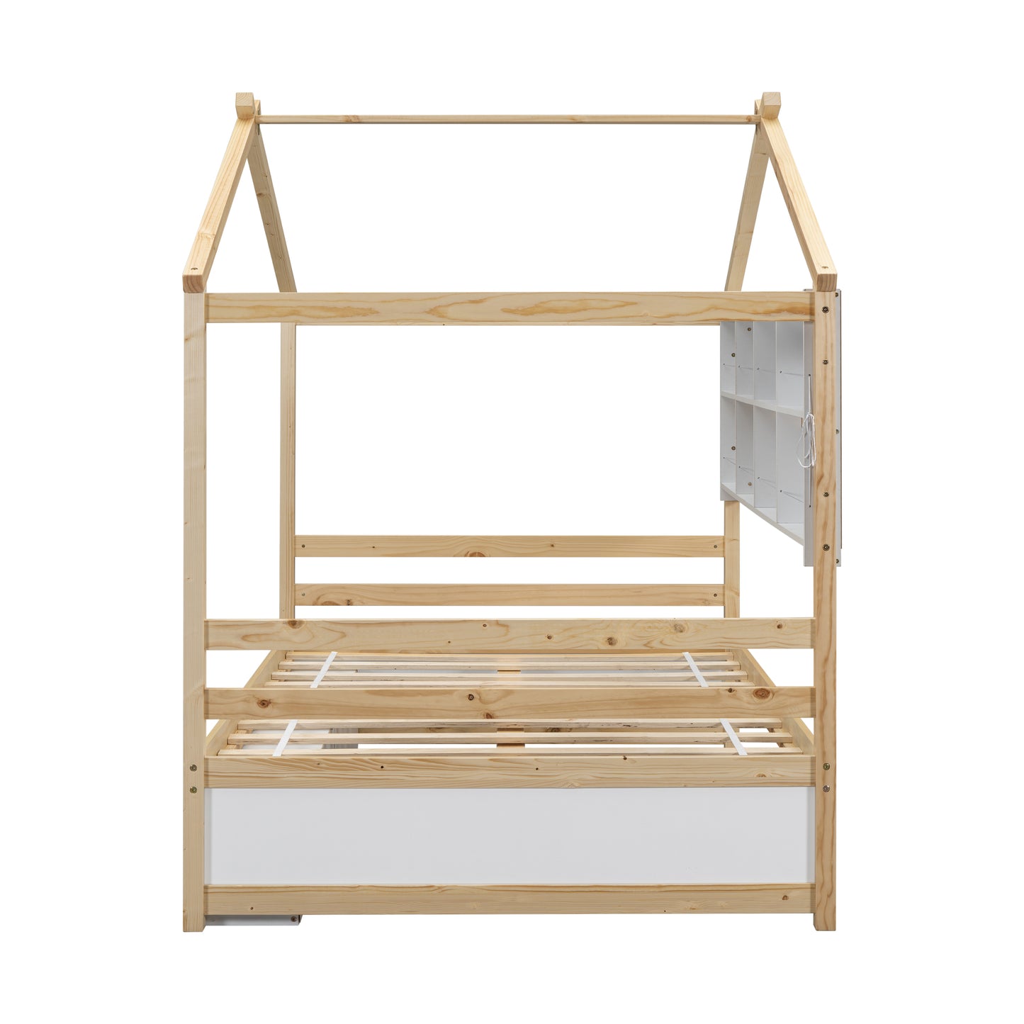 Full House Bed with Roof Frame, Bedside-shelves, Under Bed Storage Unit,Natural