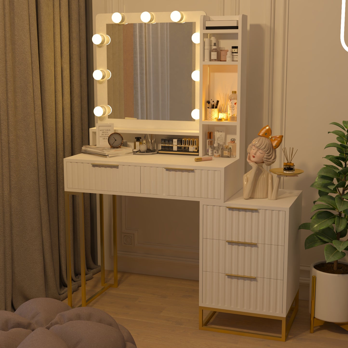 Makeup Vanity Desk with Mirror and Lights, Vanity Table, 5 Drawers, Side Cabinet, Storage Shelves for Bedroom, White