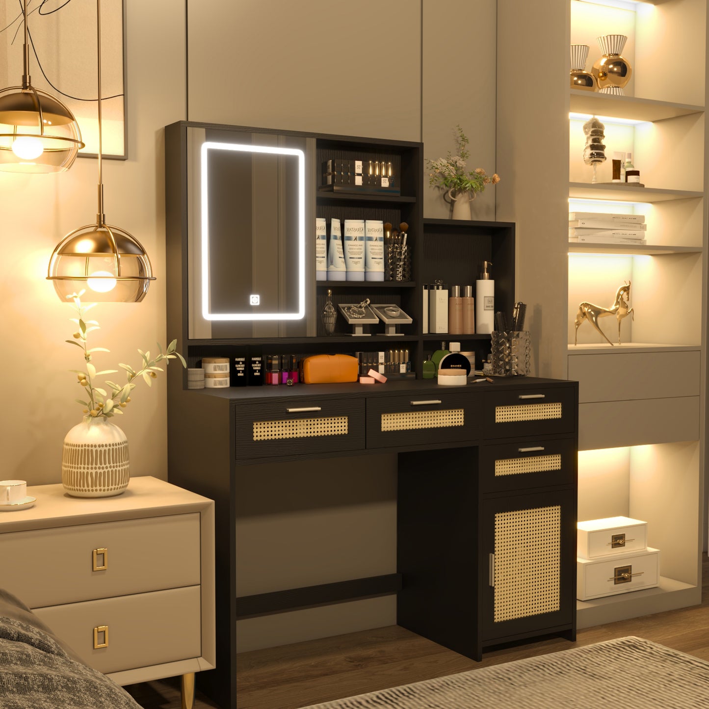 Makeup Vanity with Lights in 3 Colors & Openable Mirror, Vanity Desk with 4 Drawers & 1 Cabinets & Shelves, Vanity Table Rattan Vanity Dresser, for Bedroom