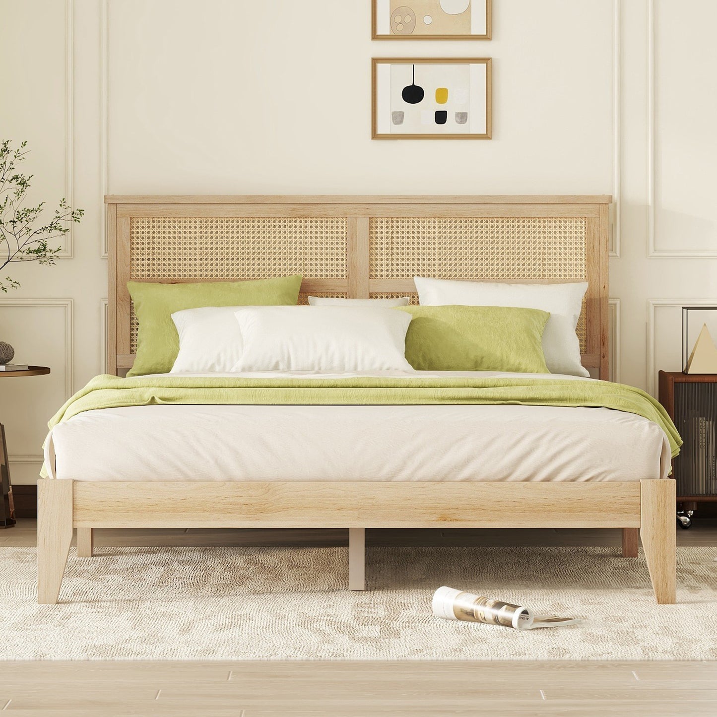 Queen Size Rubber Wooden, Solid Wooden Bed with Rattan Headboard, Enhanced by Support Feet