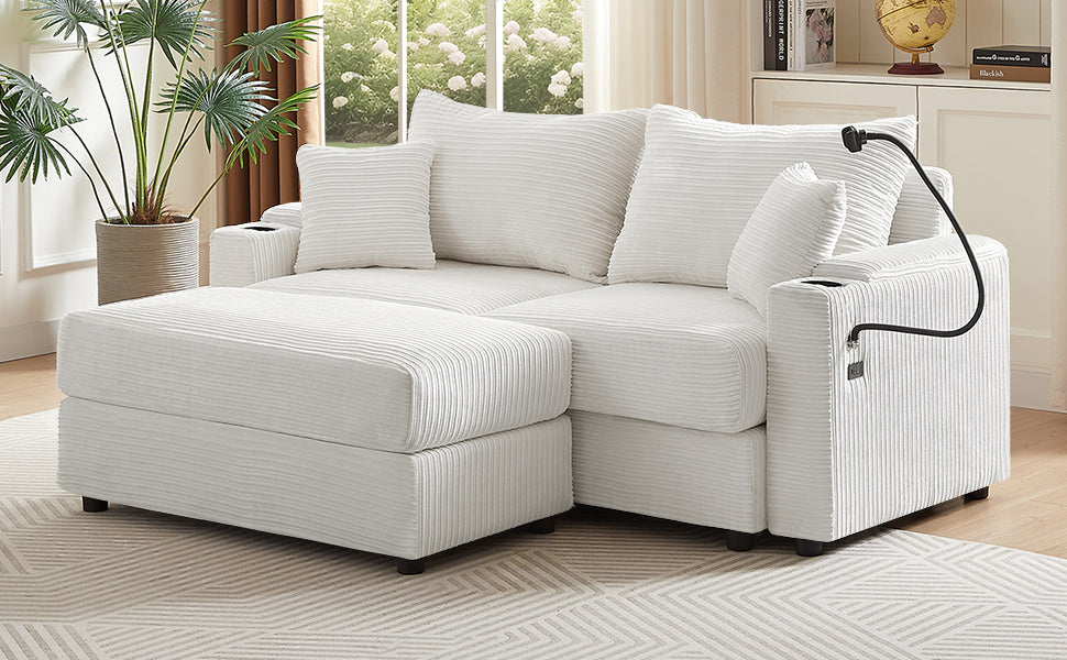 72.8" Modern Style Loveseat Sofa Sectional Sofa Couch with Storage Space, A Movable Ottoman, Two USB Ports, Two Cup Holders, A Phone Holder for Living Room, Beige