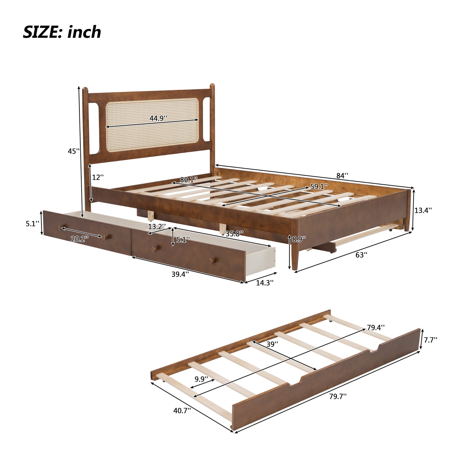 Queen Size Wooden Rattan Platform Bed, with 2 Big Drawers, T Size Trundle, Brown