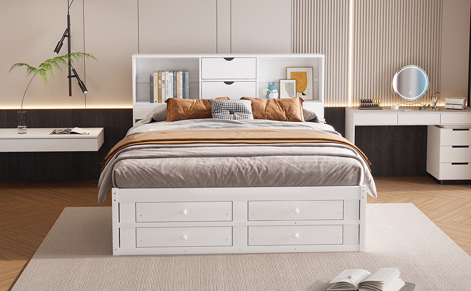 （缺货）King Size Platform Bed with Storage Headboard and 8 Drawers, White