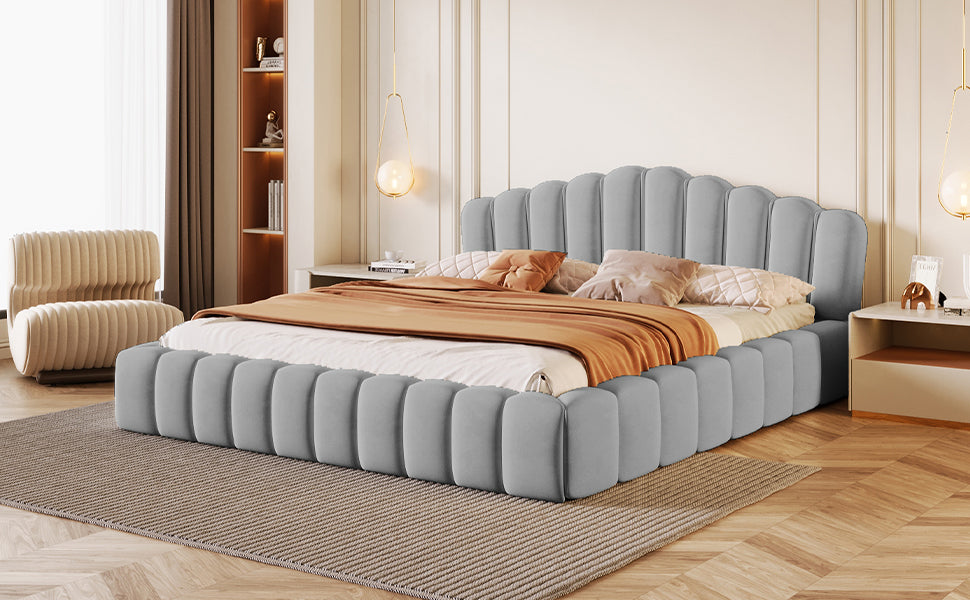 （缺货）Velvet Upholstered Queen Bed Floor Bed Frame Shell-Shaped Headboard for Bedroom,No Box Spring Needed,Light Blue